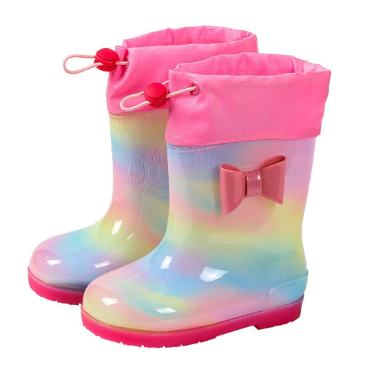 2-14Y Children Rain Boots Waterproof Baby Boys Girls Spring Autumn Flat Heel PVC Drawstring Rainbow Catch Fish Kids Shoes Hw33