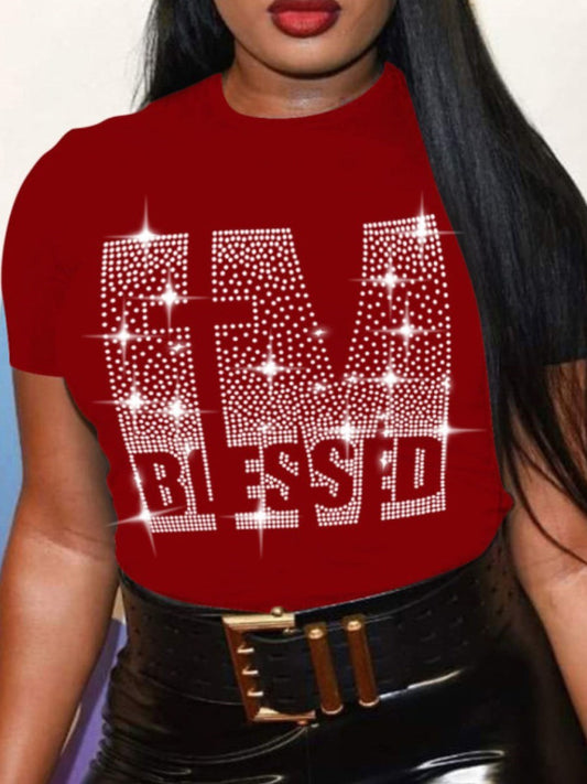 LW Plus Size Summer Women Round Neck Tee Tops Rhinestone Blessed Letter T-shirt  Casual Short Sleeve Crop Tops Sexy T-shirt