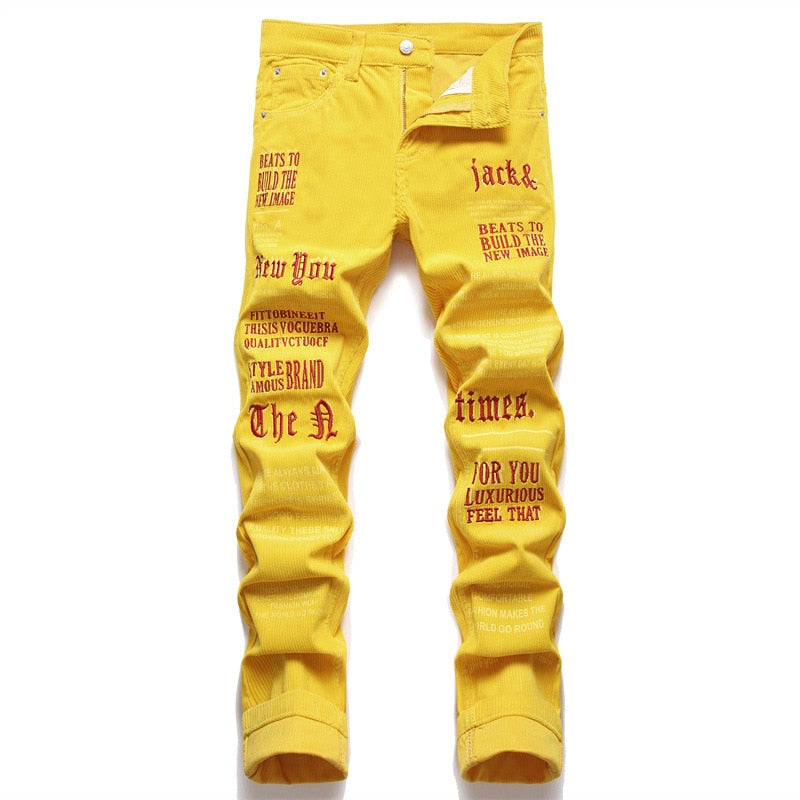 Denim Jeans Stretch Men&#39;s Casual Pants Men&#39;s Fashion Trend Letter Embroidery Yellow Corduroy