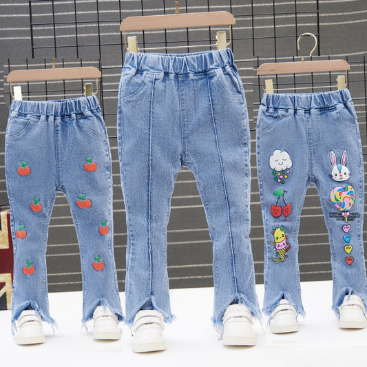 Kids Girls Denim Jeans Pants Spring Autumn Trousers Elastic Waistband Tassel Hem Bell-bottom Style Long Pants 90-130