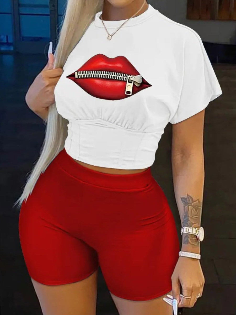 LW Plus Size summer Crop Top Lip Print Shorts Set 2023 NEW Fashion Sportswear Short Sleeve Top and Shorts 2pc Set