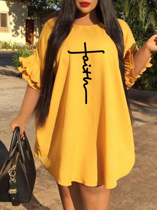 LW Plus Size Faith Letter Print Ruffle Design Loose Dress Elegant Summer Butterfly Sleeve Drop Shoulder A Line Women Clothing