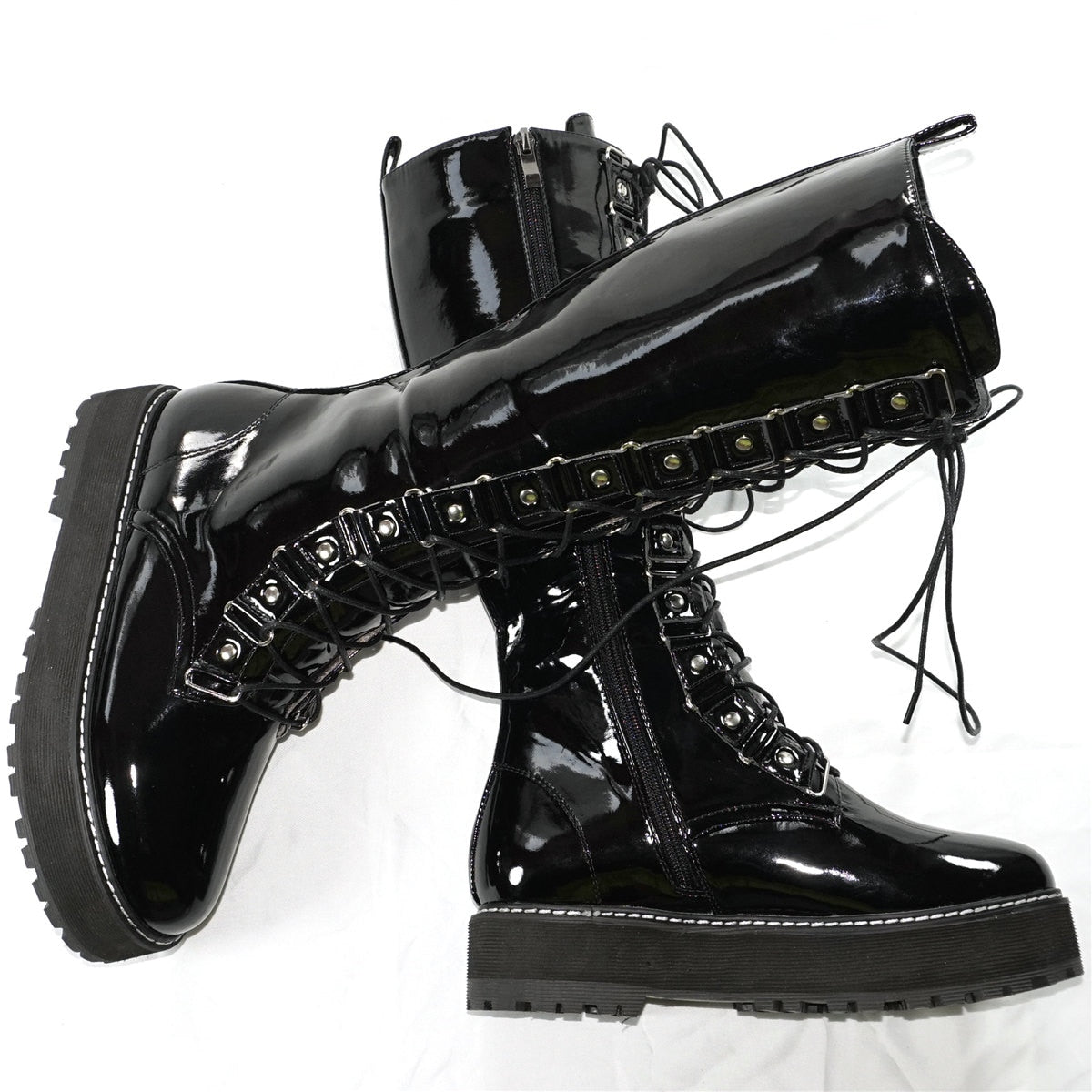 Winter Punk Creepers Women Lace Up Patent Leather Knee High Motorcycle Boots Female Round Toe Chunky Platform Pumps Casual Shoes