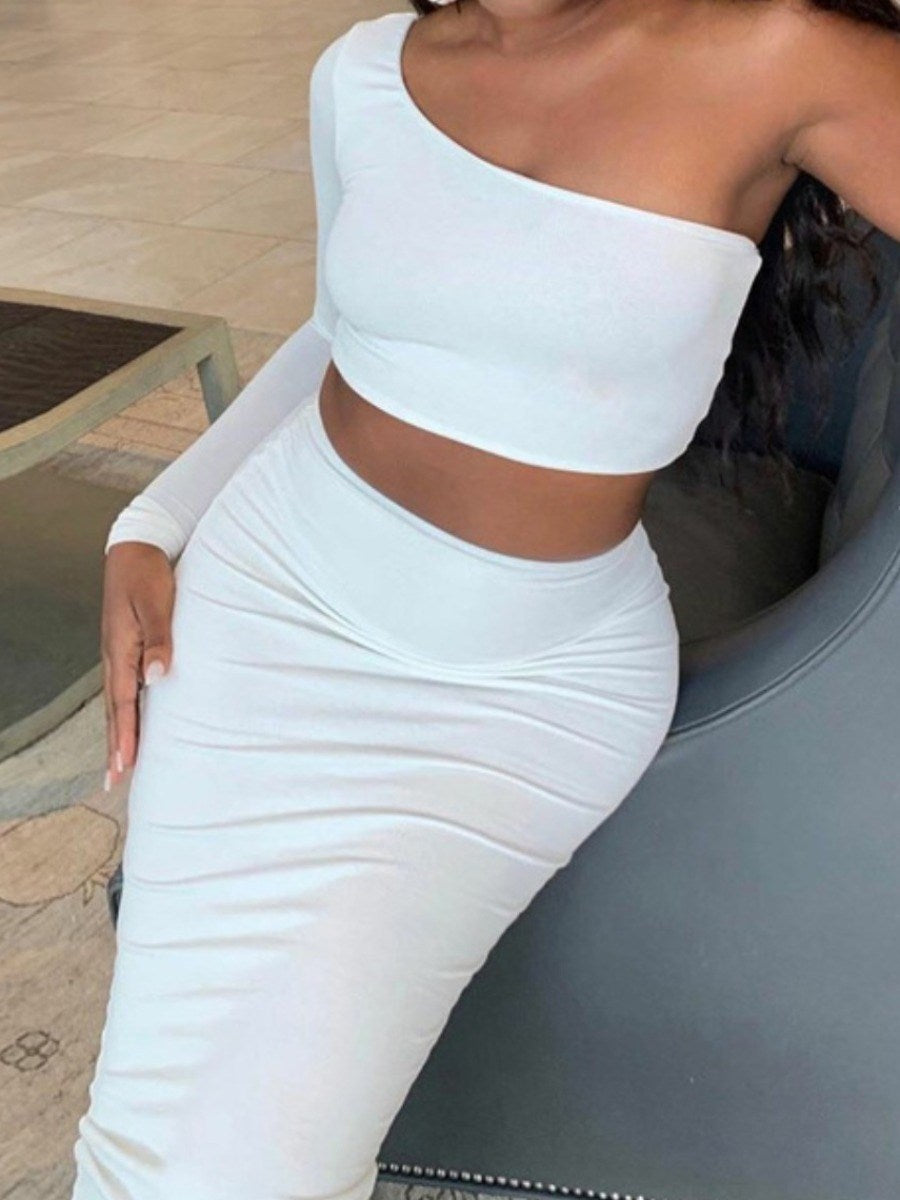 LW Plus Size One Shoulder Crop Top Skinny Skirt Set Summer Women Outfits Party Y2K Beach Midi Bodycon Skirt Set Two set