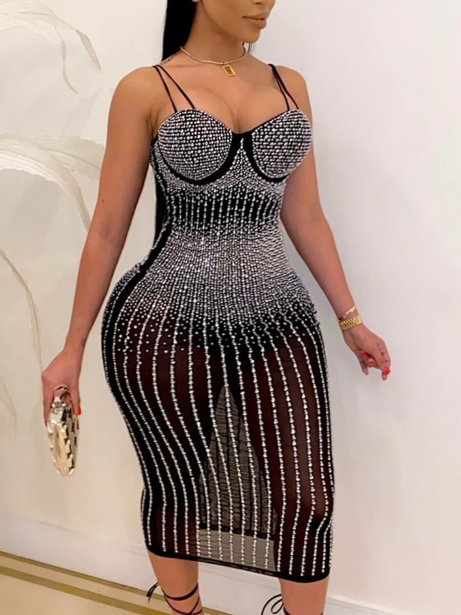 LW Plus Size Summer Sexy Dresst Sequined Fashion See-through Evening Pary Night Club Bar Sparkling Sleeveless Female Vestidos