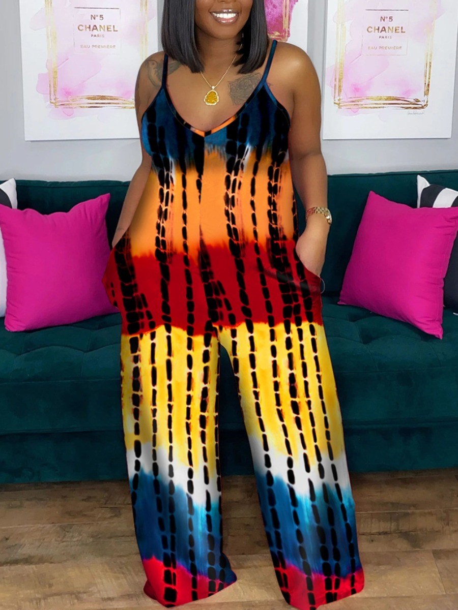 LW Plus Size Casual Tie-dye Pocket Design One-piece Jumpsuit Women Loose Jumpsuits Summer Deep V Neck Sleeveless Jumpsuits