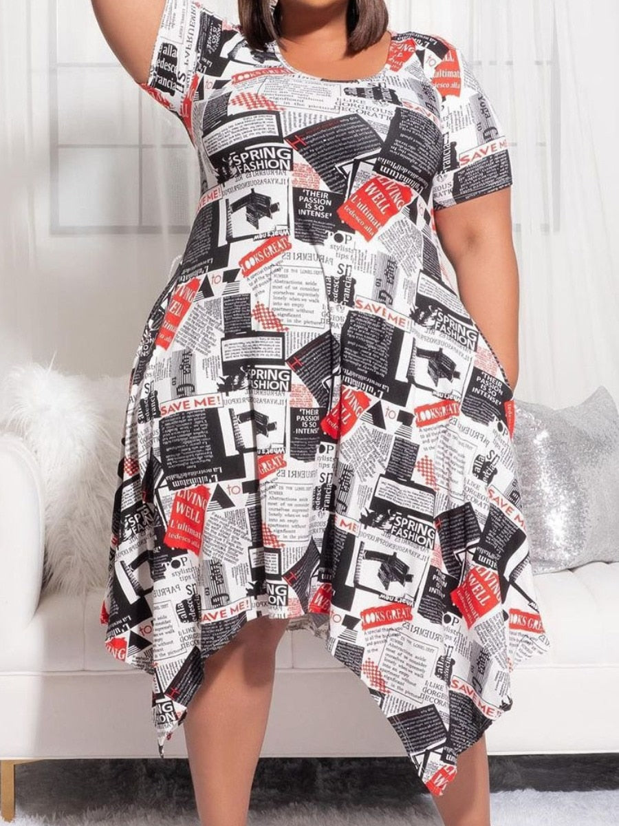 LW Plus Size dress Letter Mixed Print Asymmetrical Dress Elegant Party Ladies Dresses for Women 2023 Vestidos Office Clothing