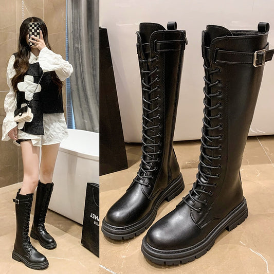 Plus Size Autumn Winter Knee High Boots Women Fashion Buckle High Tube PU Leather Boots Woman Zipper Low Heels Long Botas Mujer