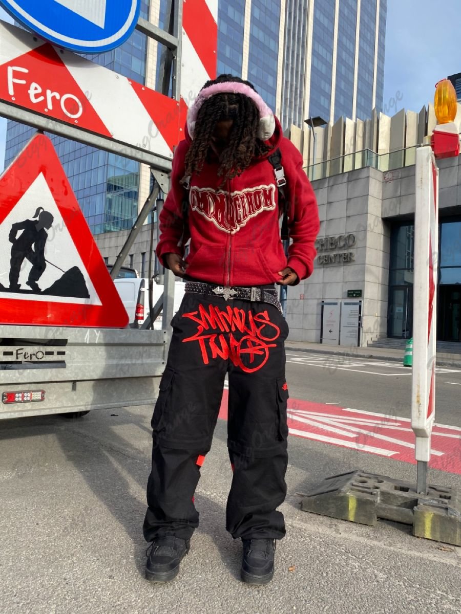 Y2K Retro Street Trend Cargo Pant 2023 New Fashion Minus Two Black Pants Harajuku Hip Hop Print Loose Overalls Joggers Men