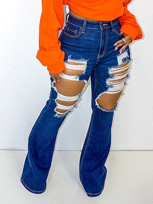 LW Plus Size Woman Autumn Casual High-waisted Ripped Flared Fashion Jeans