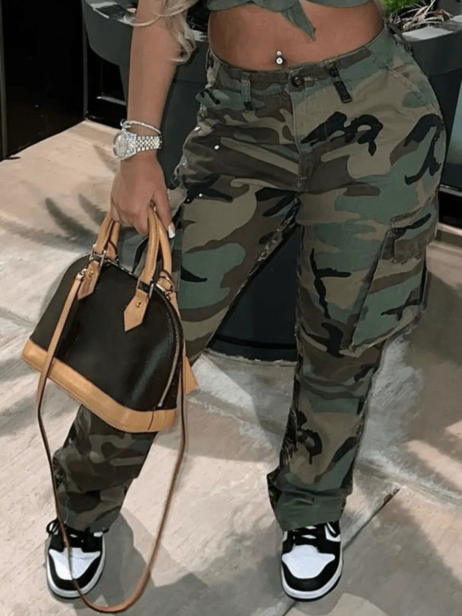 LW High Waist Camo Multicolor Cargo Pants XS-5XL Street Casual Side Pocket Camouflage Women Streetwears Straight Lady Trousers