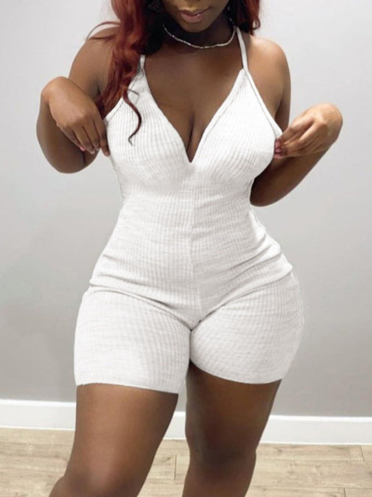 LW Plus Size Casual V Neck Elastic White One-piece Romper Slim Girls Jumpsuit Backless Halter Suspender Sweet One-Piece Bodycon