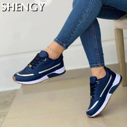 Women Sneakers Fashion Mesh Leather Patchwork Platform Sports Shoes Breathable Comfort Ladies Outdoor Running Vulcanized Shoes