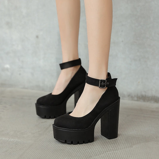 5cm Waterproof Platform New Fashion Round Toe Pumps Square High Heels Ankle Strap Black Sexy Women Shoes 38 39 40