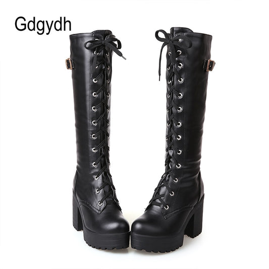 Gdgydh Hot Sale Spring Autumn Lacing Knee High Boots Women Fashion White Square Heel Woman Leather Shoes Winter PU Large Size 43