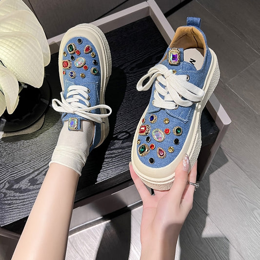 New Womens Round Toe Diamond Crystal Rainbow Colors Sneakers Flats Loafers Slip on Shoes Luxury Shoes Kawaii Shoes Zapatos Mujer