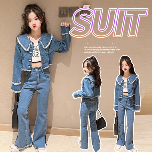 2023 Autumn Spring New 6 8 10 12 14 16 Years Teenage Clothing Outfits Long Sleeve Denim Jacket Jeans Two Pieces Kids Girls Set
