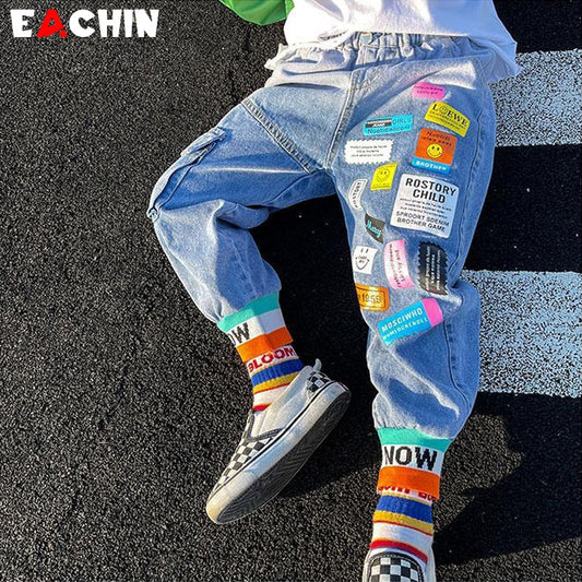 EACHIN Baby Boys Jeans 2023 New Fashion Patchwork Teen Boy Clothes Kids Denim Pants Toddler Sky Blue Jeans Children Casual Pants