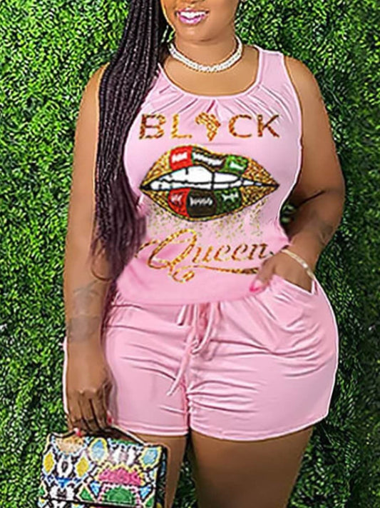 LW Plus Size Two-piece Shorts Set Casual Letter Lip Print Drawstring Pink Blue Street Tank Sleeveless Stretchy Summer Clothings