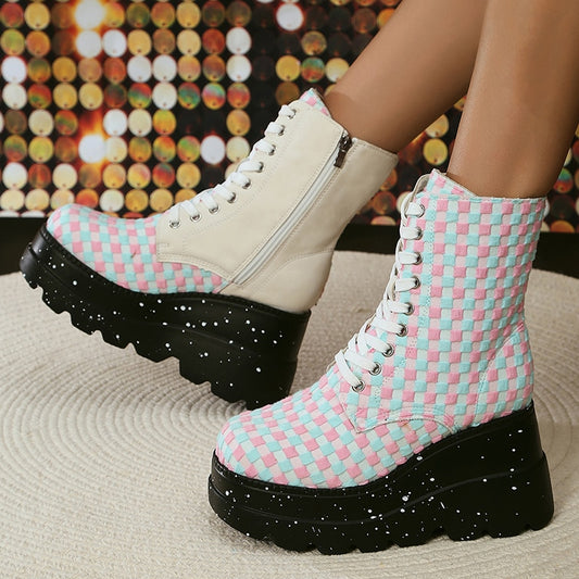 Chunky Platform Plaid Ankle Boots Women Lace Up Thick Bottom Motorcycle Boots Woman Y2K Style Mix Color Wedge Heels Gothic Shoes