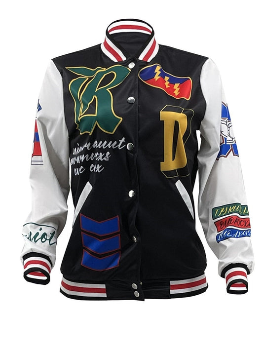 LW Plus Size Varsity Jacket Women  Letter Decor Patchwork Long Sleeve Racing Jacket Coat Winter Clothes Vintage Women Bomber Jac