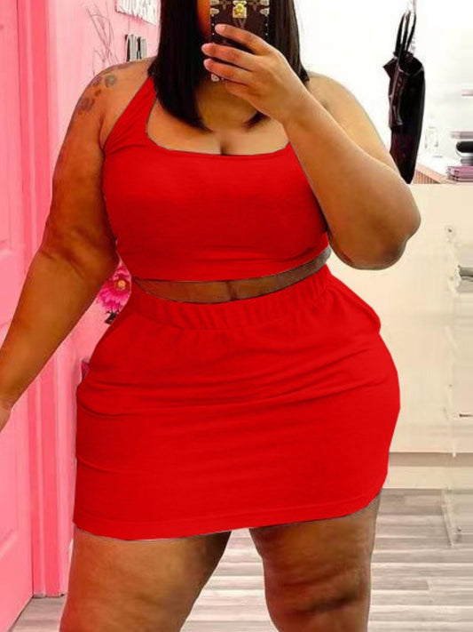 LW BASICS Plus Size Y2K Two Piece Sets Casual U Neck Elastic Wine Red Two-piece Skirt Set Sexy Rave Club Outfits For women