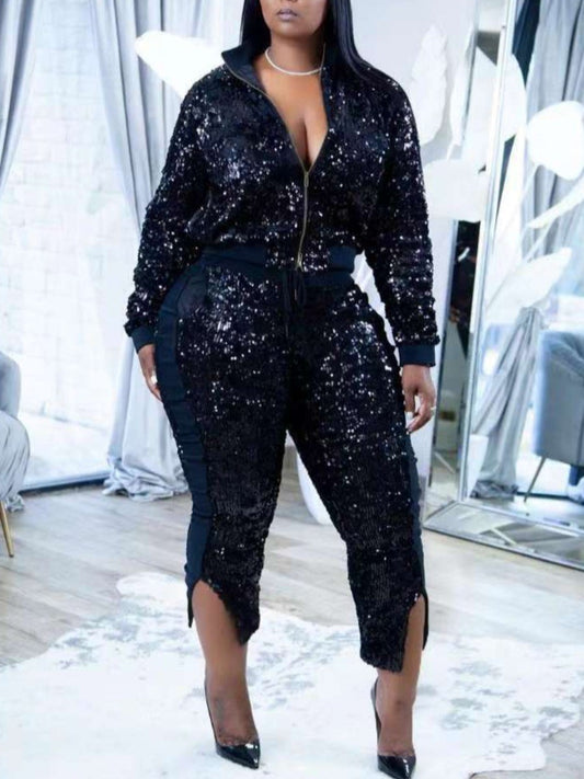 LW Plus Size Sequined Zipper Design Pants Set Glitter Silver Party Two Piece Pants Set Women Club Night Outfits Fashion suit