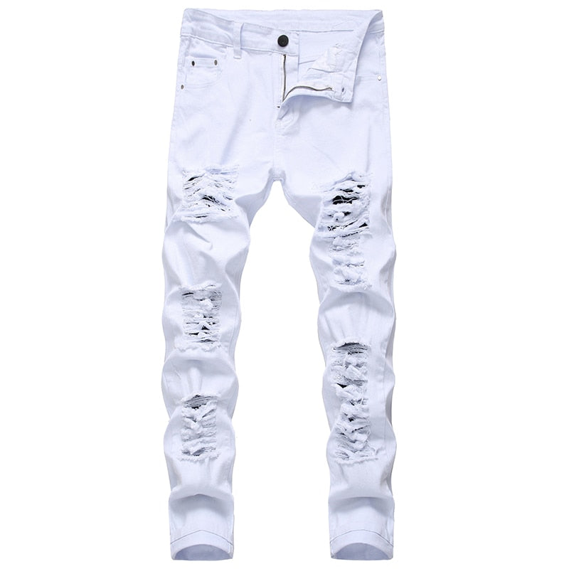 Straight Hole Destruction Trousers Distressed Jeans Men Denim Trousers Fashion Designer Brand White Pants Male Large Size