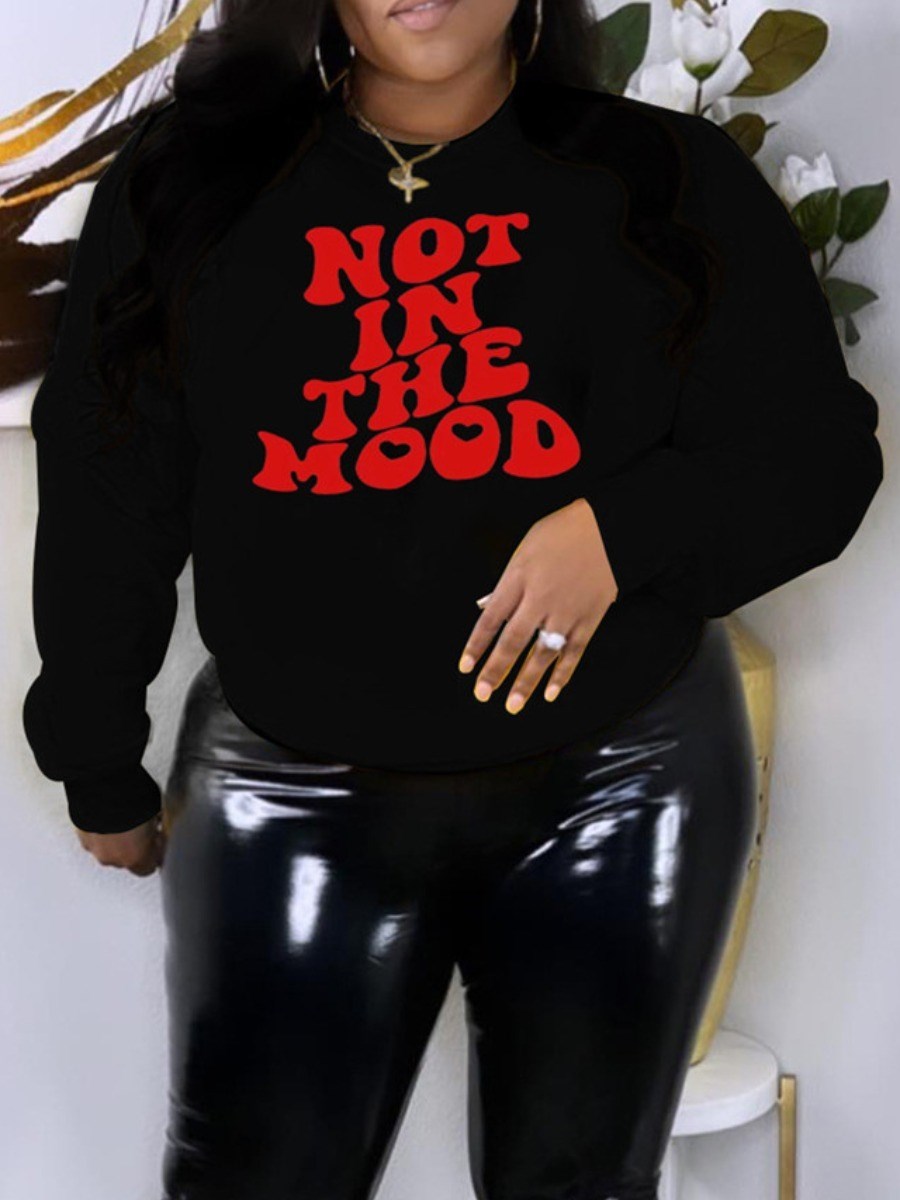 LW Plus Size Not In The Mood Letter Print Sweatshirt Round Neck Positioning Print Regular Sleeve Casual women Sweatshirt