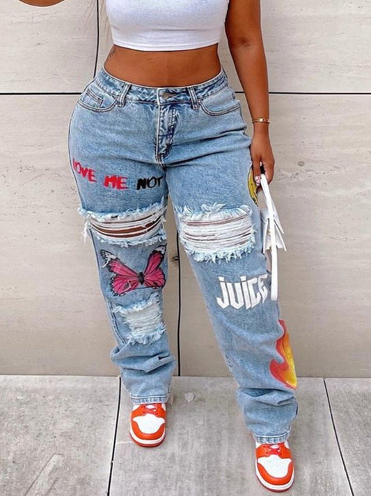 LW Plus Size Butterfly Letter Print Ripped Denim Street Style Mid-Waist Zipper Fly Daily Low Stretchy Solid Color Jeans