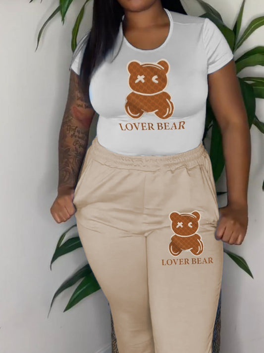 LW Plus Size summer 2pcs set Lover Bear Letter Print Pants Set Casual Round Neck women&#39;s short Sleeve + pants set