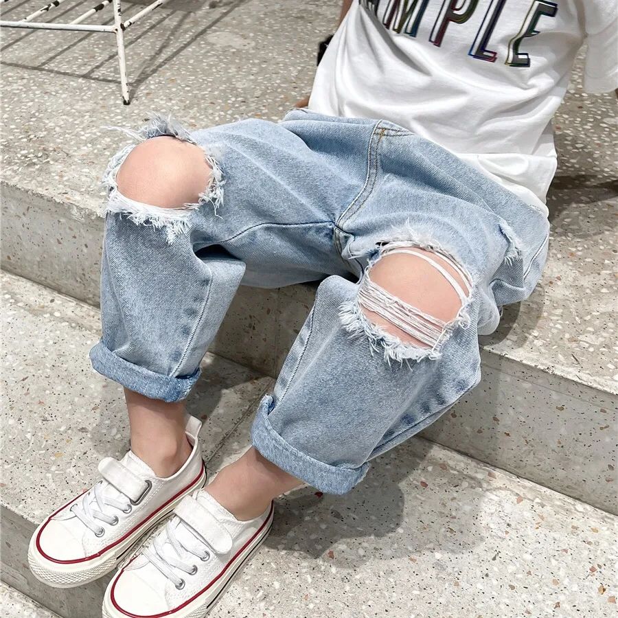 90-140cm Fashion Autumn Summer Kids Hole Trousers Children Boy Handsome Torn Patch Jeans Girls Pants Worn Jeans for Loose 청바지