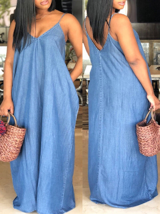 LW Plus Size Dresses Casual V Neck Loose Blue Dress Spaghetti Strap Sleeveless Casual Denim Beach Dress Women Clothing