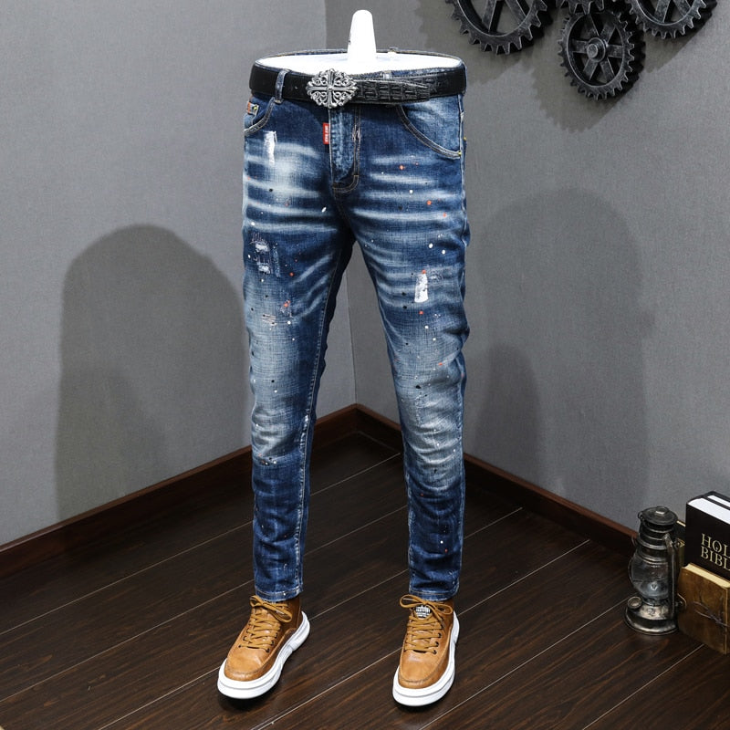 Fashion Designer Men Jeans Retro Blue Stretch Slim Fit Painted Ripped Jeans Men Korean Style Vintage Casual Denim Pants Hombre