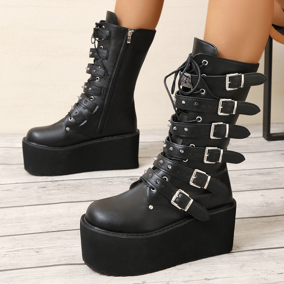 Punk Wind Rivet Mid Barrel Knight Boots Women&#39;s 2023 Autumn/Winter New Thick Sole High Heel Belt Buckle Large 43 Women&#39;s Boots