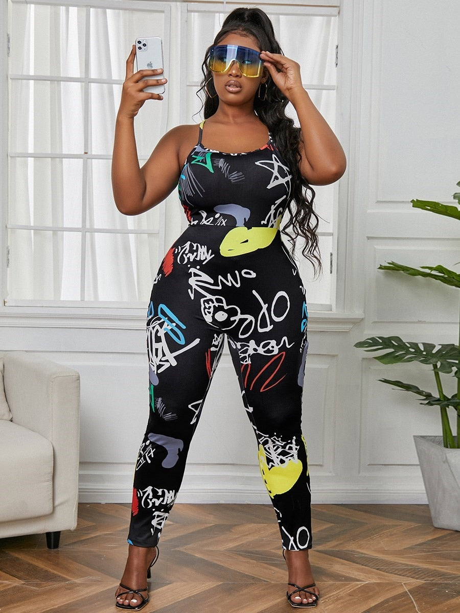 LW Plus Size Street Print Black One-piece Jumpsuit Backless Criss Cross Rompers Womens Jumpsuit for Sporty Workout Fitness