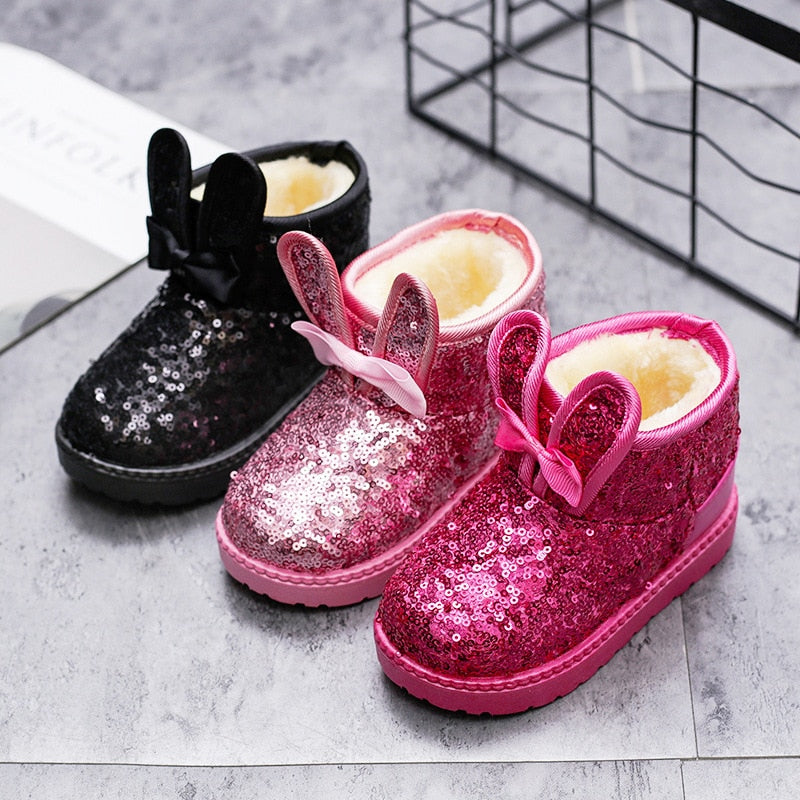 Fashion Bling Glitter Princess Cute Rabbit Toddler Short Boots Non-slip Plush Warm Snow Boots for Kids Winter Casual Shoes