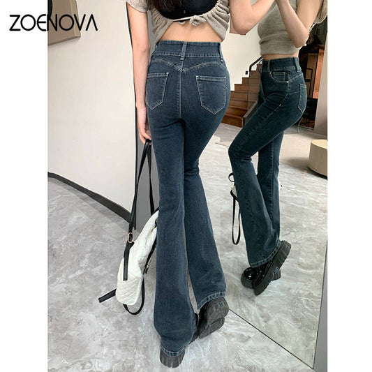 ZOENOVA Women High Waist 2023 Chic New Blue Gray Horseshoe Bootcut  Denim Streetwear Y2k Clothes Baggy Jeans Famale Flare Pants