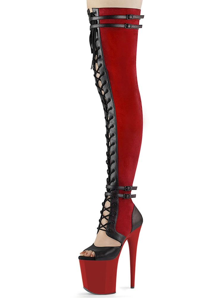 20cm Gothic Red Women&#39;s Exotic Dancer Thin Heels Platform Boots Nightclub Big Size Sexy Fetish Peep Toe Fashion Queen Catwalk