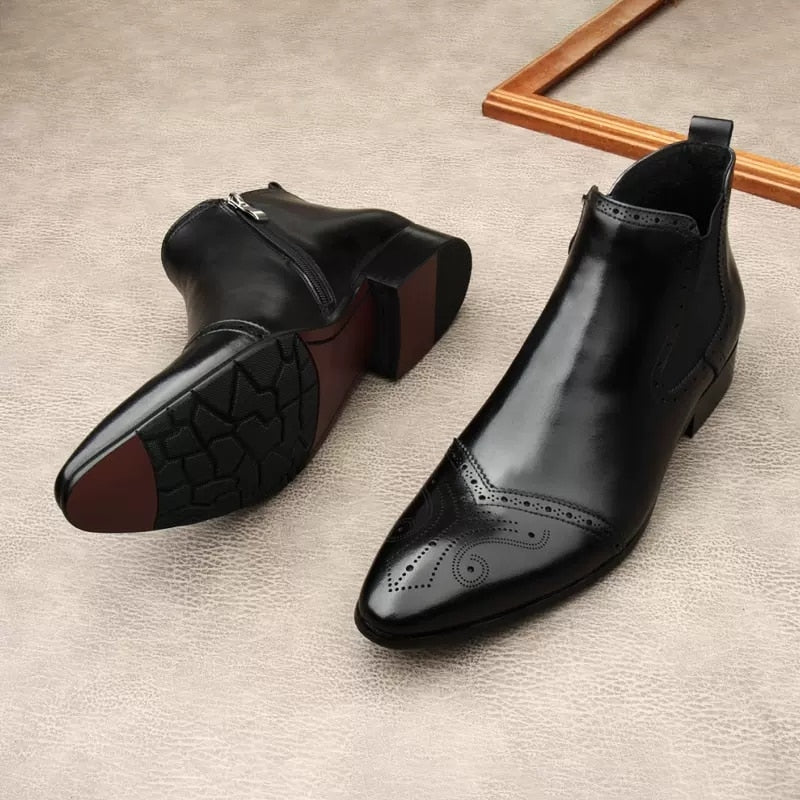 Luxury Formal Ankle Boots Man Shoes Black Pointed Toe Genuine Leather Casual Dress Mens Boots Office Chelsea Boots Men Zipper