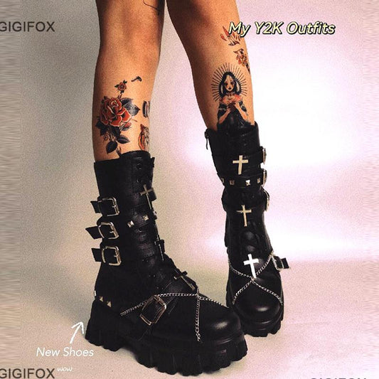 GIGIFOX Fashionable Trendy Black White Gothic Platform Buckles Chains Punk Rivets Combat Motorcycle Boots Shoes For Women 2022