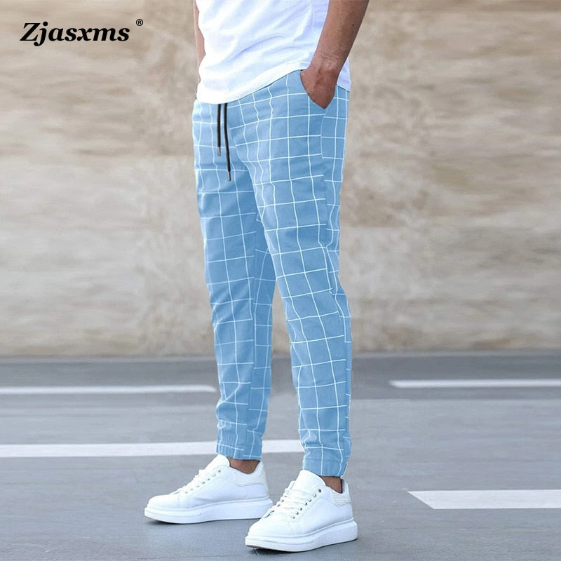 Men&#39;s Pocket Sweatpants Straight Pant Fashion Men Casual Drawstring Rope Pants New Spring Summer Men Middle Waist Plaid Trousers