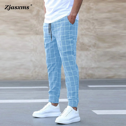 Men&#39;s Pocket Sweatpants Straight Pant Fashion Men Casual Drawstring Rope Pants New Spring Summer Men Middle Waist Plaid Trousers