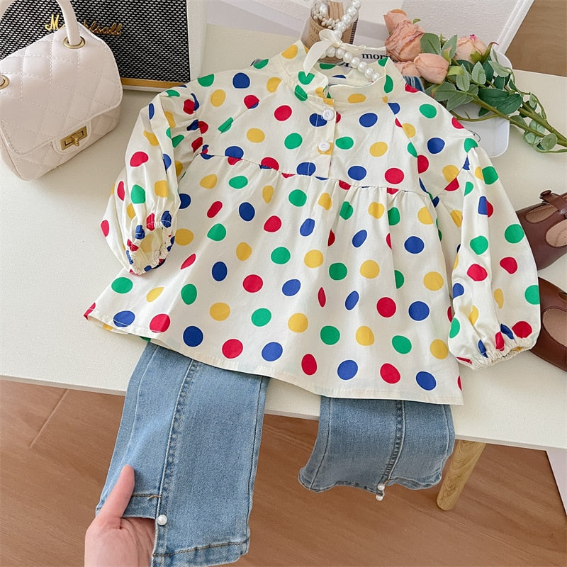 2023 Spring Autumn Child Girls 2PCS Clothes Set Cotton Long Sleeve Dot Tops Versatile Denim Trousers Suit Kids Girls Outfits