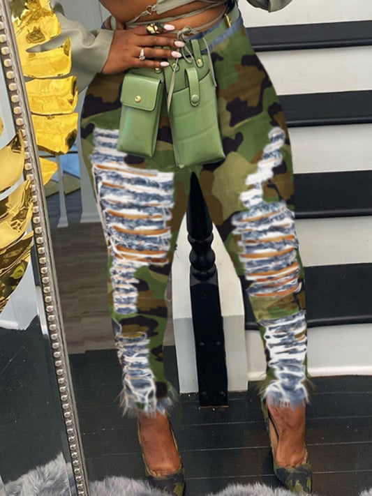 LW High Stretchy Broken Holes Camouflage Printed Jeans High-Waist Zipper Denim Street Pants Women Fashion Streetwears Trousers