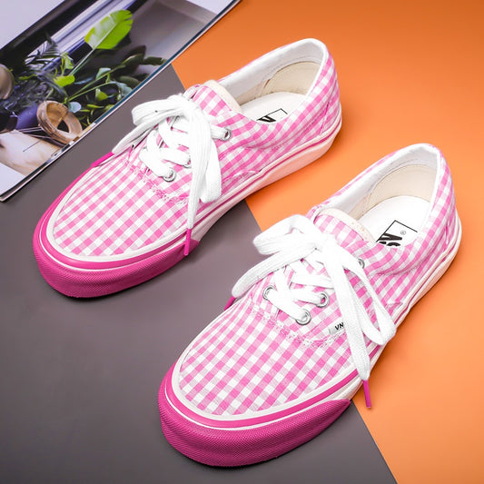 Women Vulcanize Shoes Fashion Pink Gingham Canvas Shoes Round Toe Flat Casual Sneakers Low Top Comfortable Skateboarding Shoes