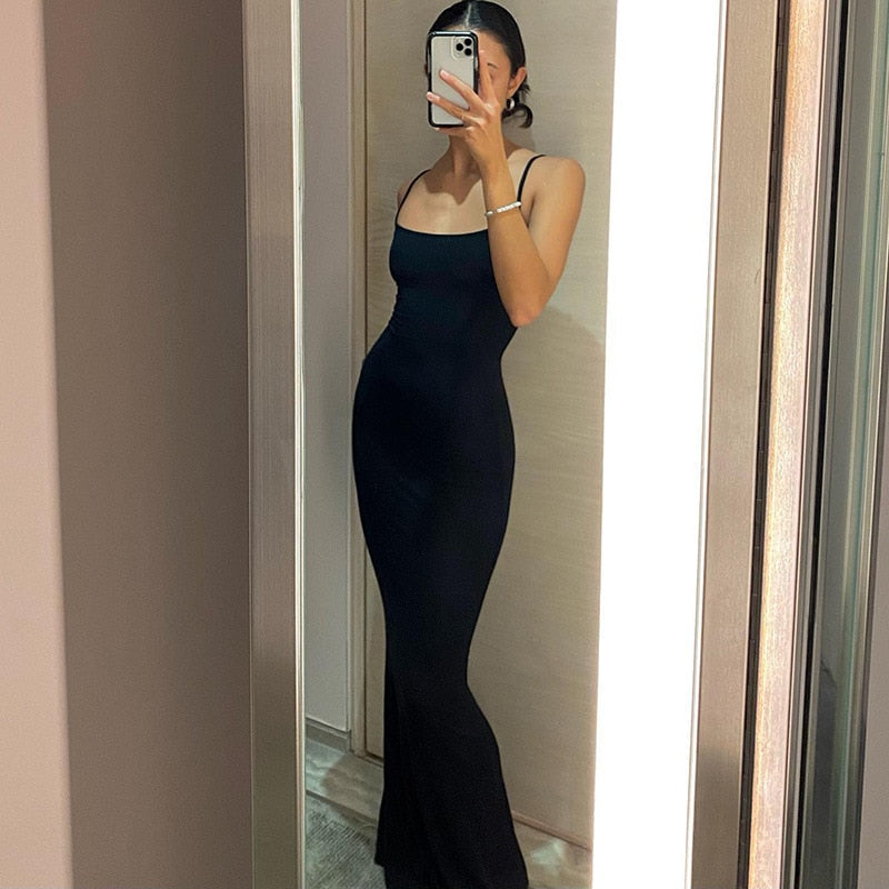2022 New Summer Spaghetti Strap Black Skims Long Dress Women Sleeveless Solid Skinny Bodycon Trumpet Maxi Dresses Sexy Vestidos