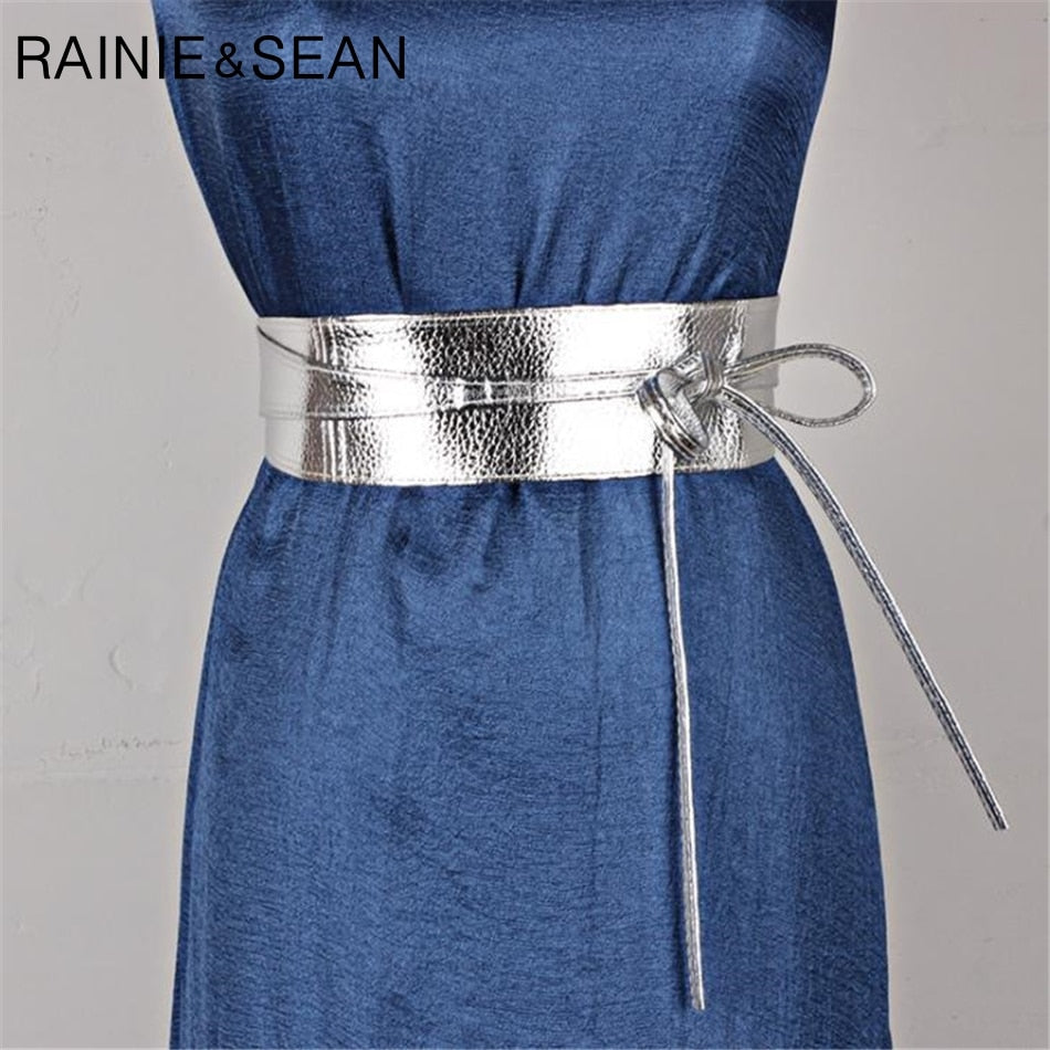 RAINIE SEAN Women Pu Leather Belt Soft Leather Wide Self Tie Wrap Wedding Designer Brand Ladies Belts For Dresses