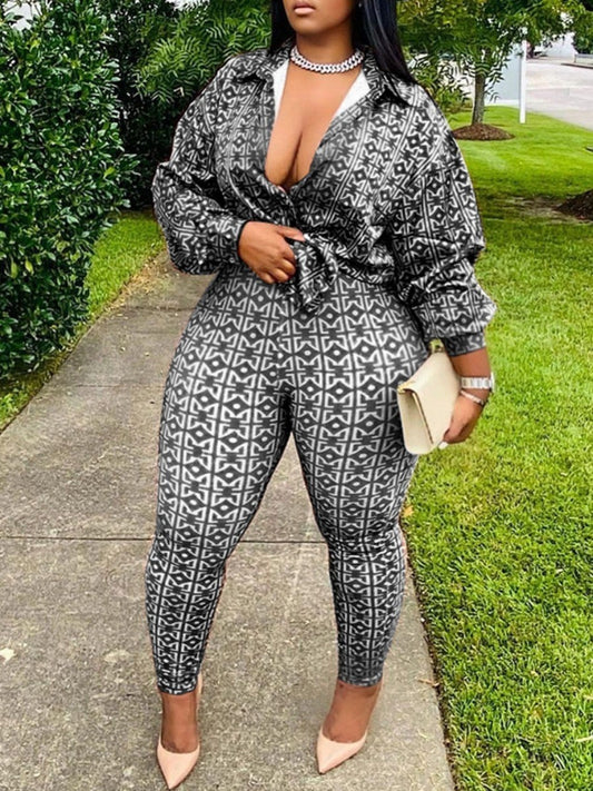 LW Plus Size Geometric Print Bandage Design Pants Set 2 PCS Long Sleeve+trousers set Women Autumn Suit