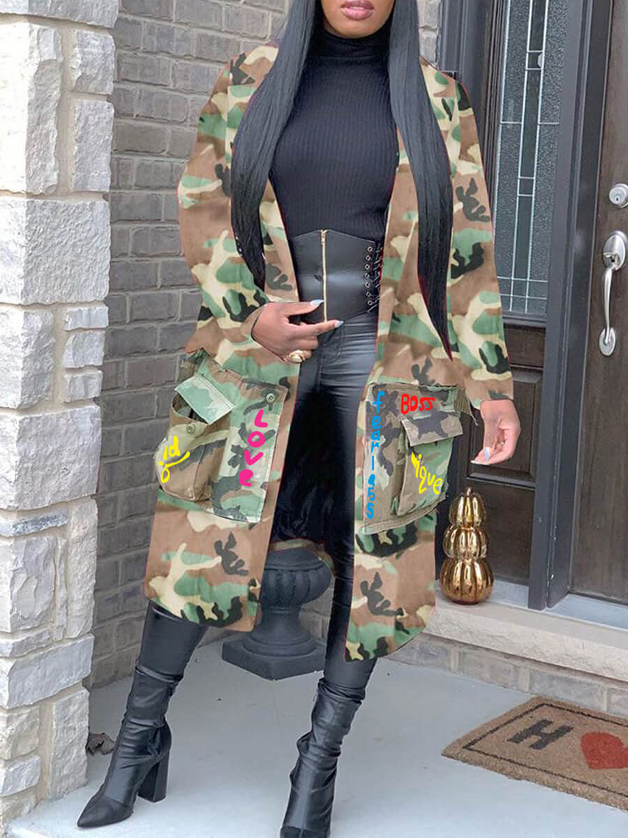 LW Turndown Collar Letter Camo Print Coat Camouflage Trench Jacket Letter Print Coat Streetwear Long Style Top Wholesale